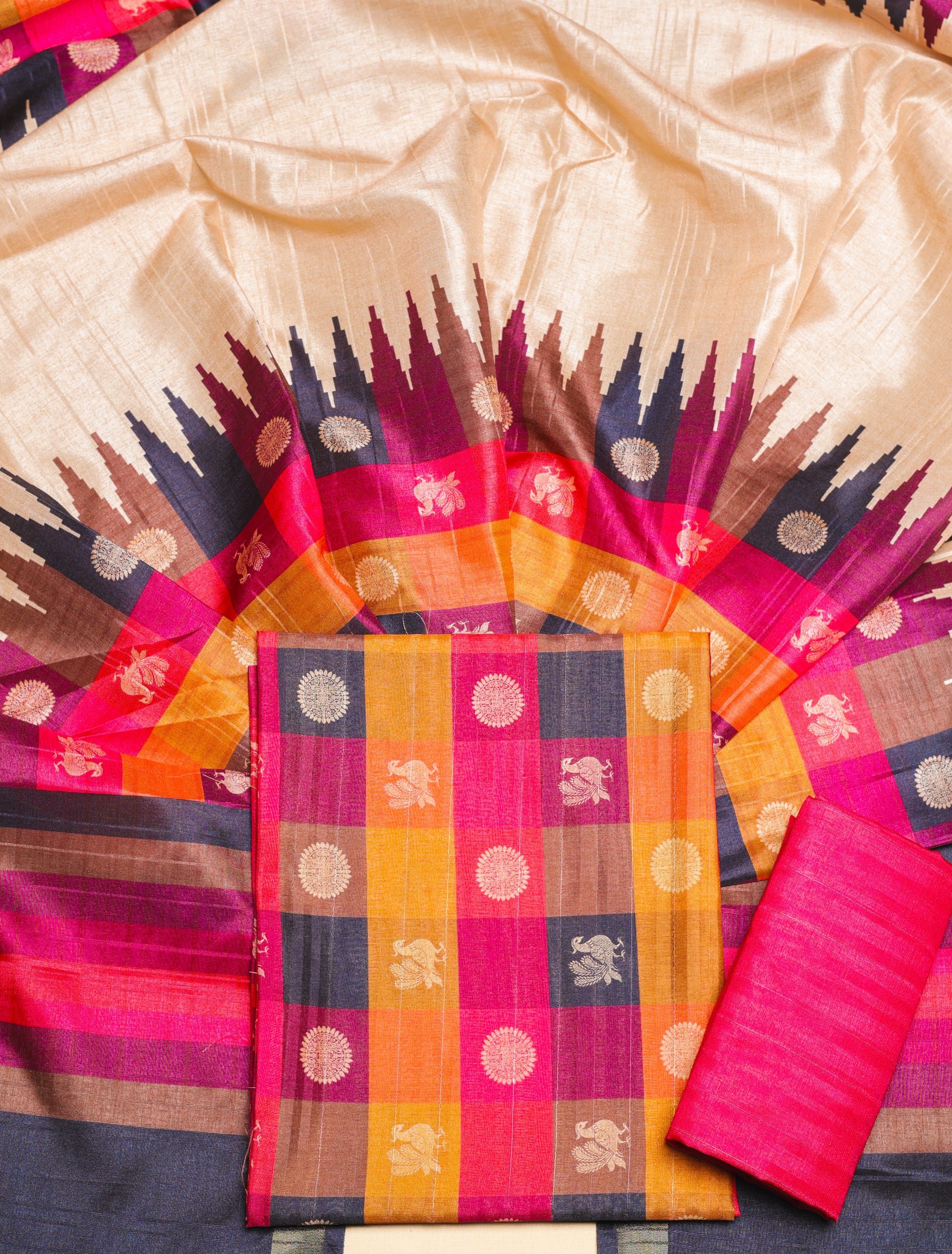 SEMI TUSSAR PRINTED MADRAS CHECKS SUIT SET