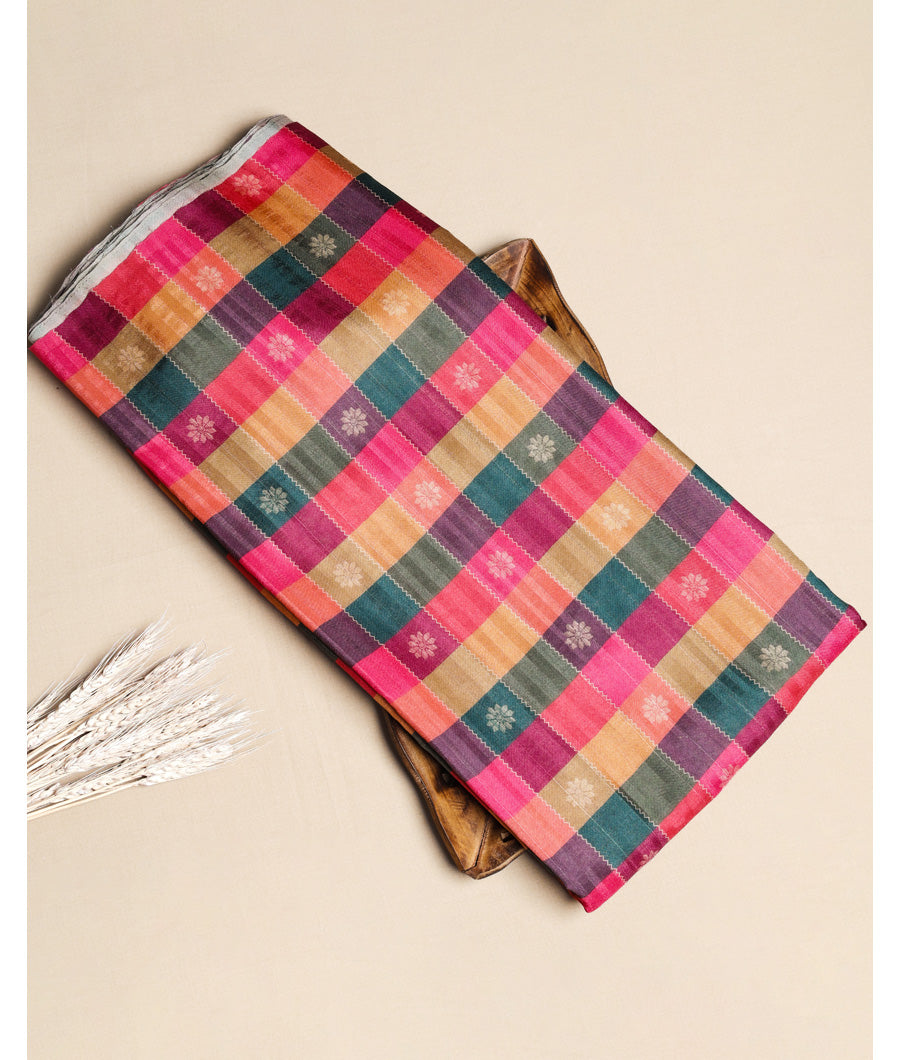 SEMI TUSSAR SILK SLUB MADRAS CHECKS KATTAM FABRIC