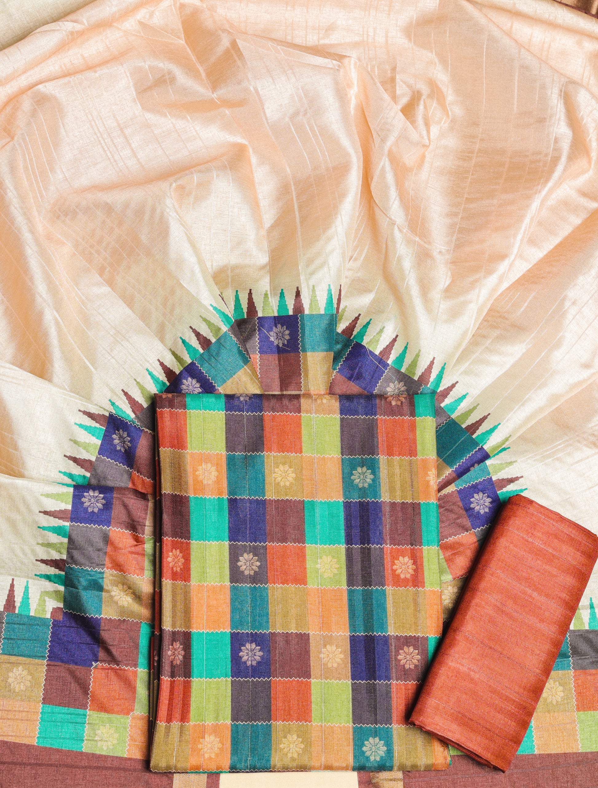 SEMI TUSSAR PRINTED MADRAS CHECKS SUIT SET