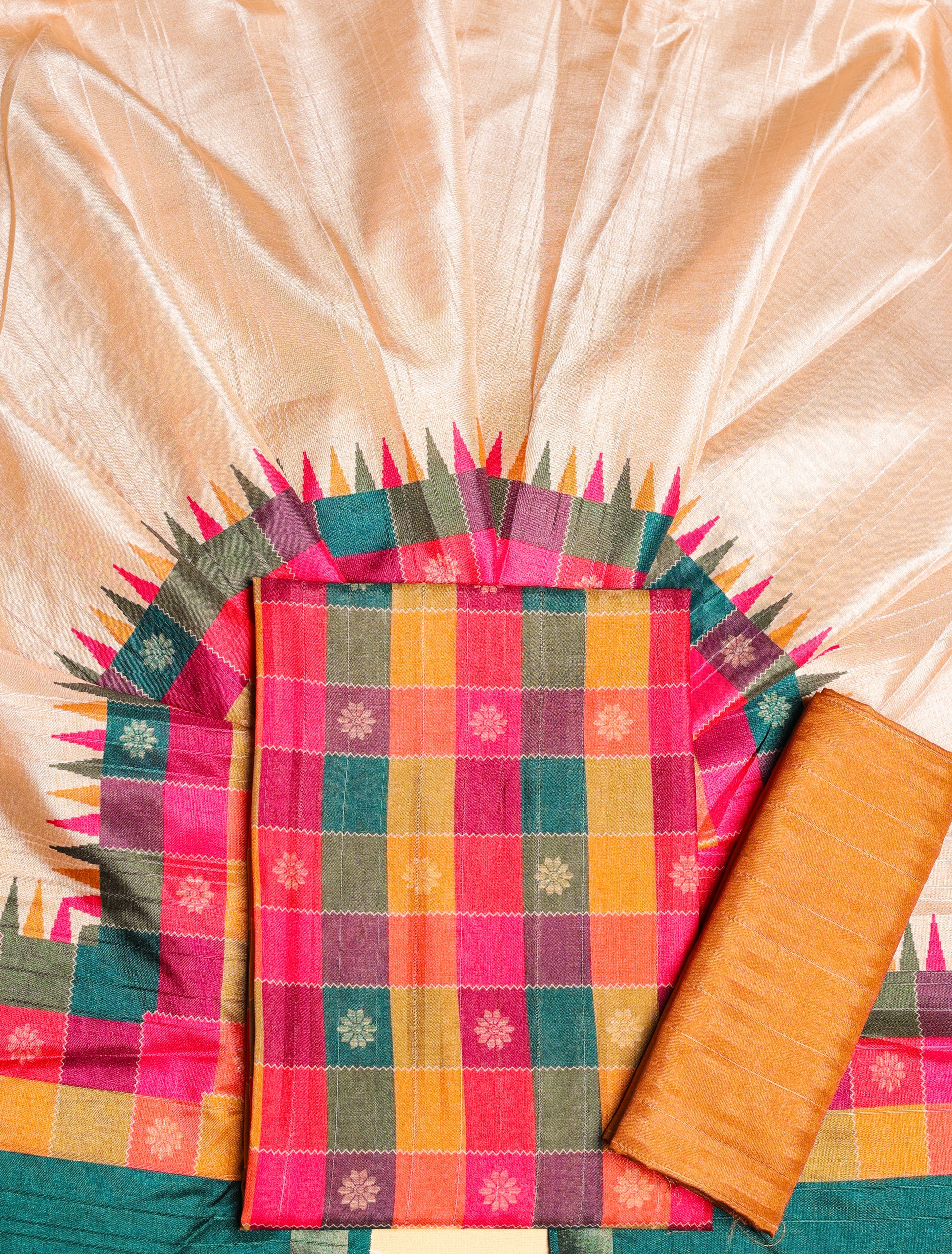 SEMI TUSSAR PRINTED MADRAS CHECKS SUIT SET