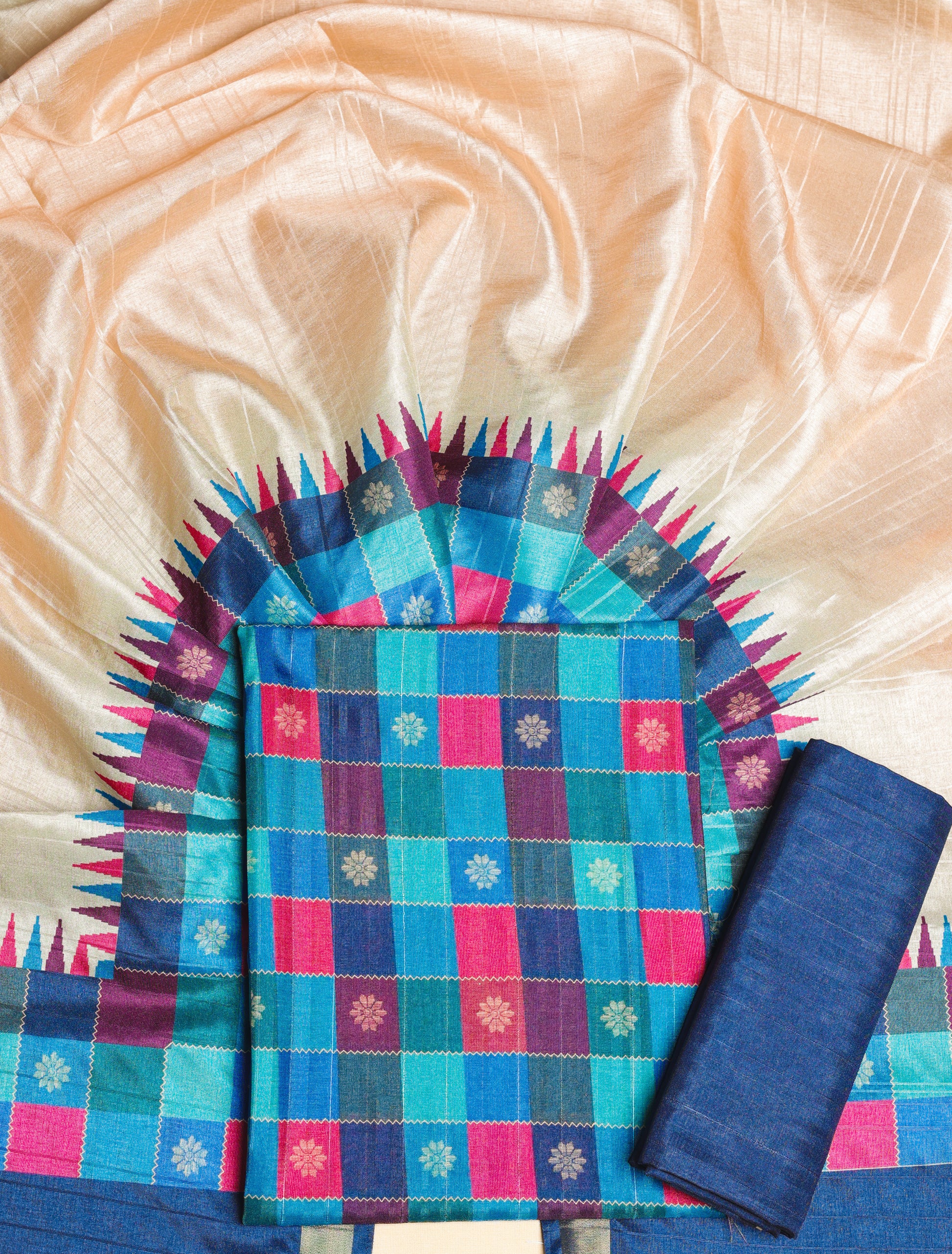 SEMI TUSSAR PRINTED MADRAS CHECKS SUIT SET