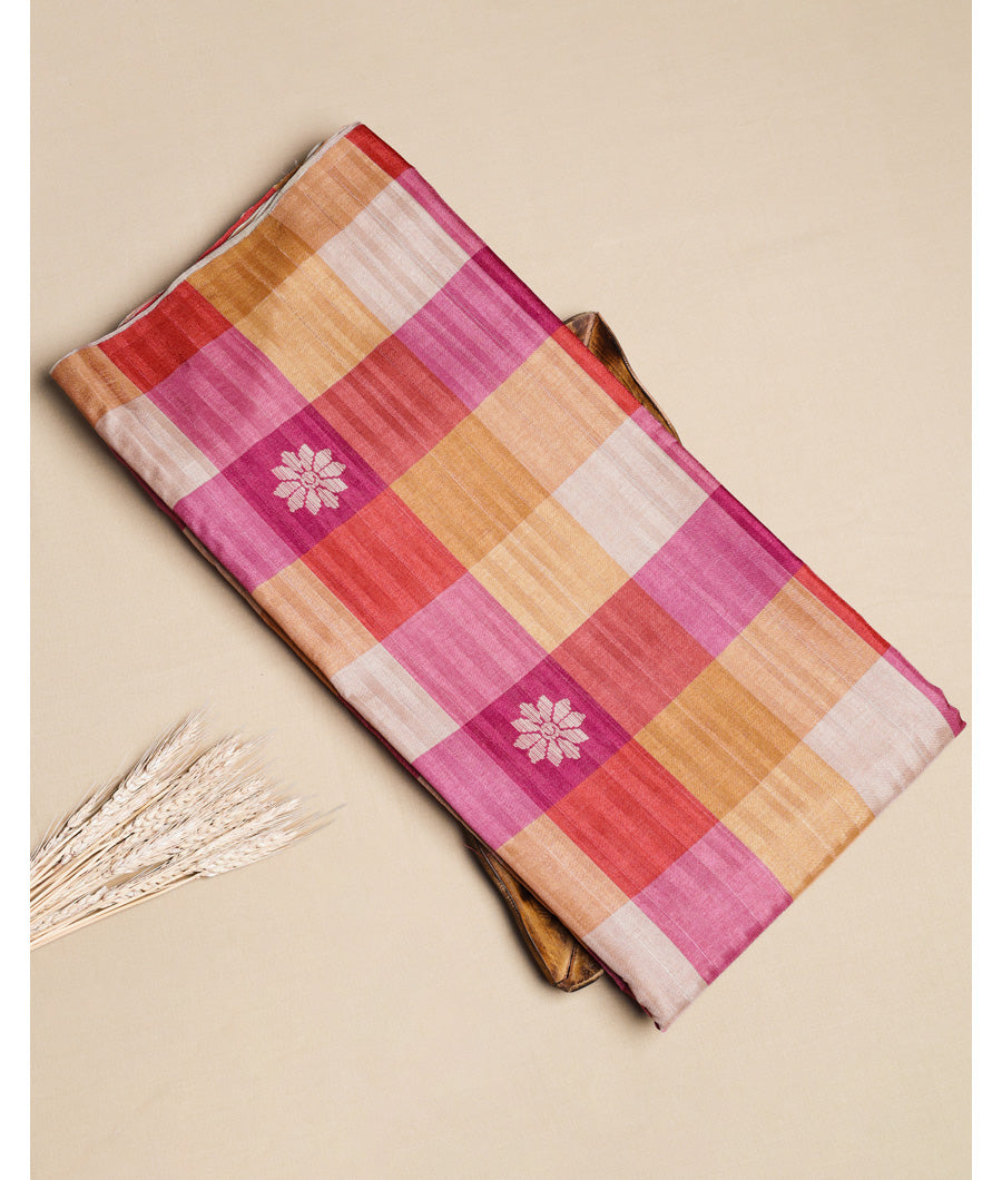 SEMI TUSSAR SILK SLUB MADRAS CHECKS KATTAM FABRIC