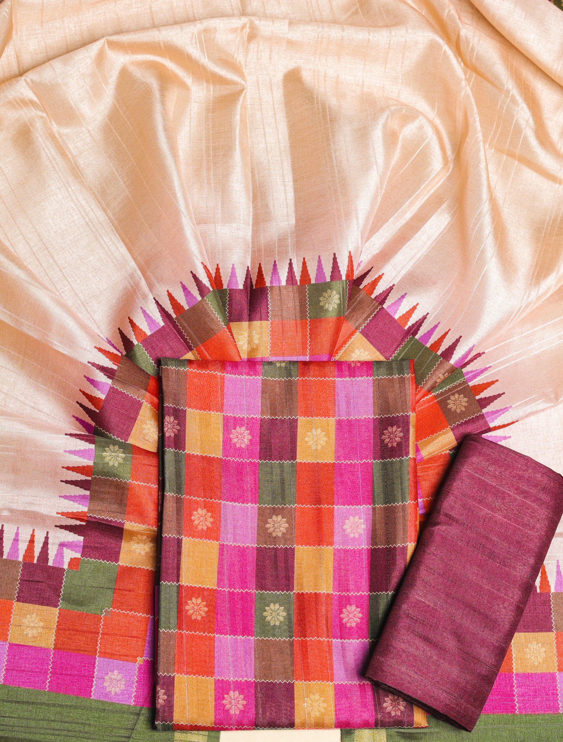 SEMI TUSSAR PRINTED MADRAS CHECKS SUIT SET