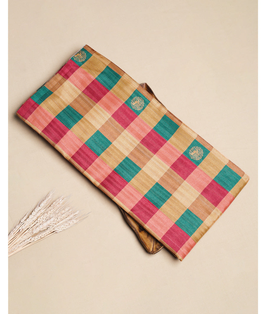 SEMI TUSSAR SILK SLUB MADRAS CHECKS KATTAM FABRIC