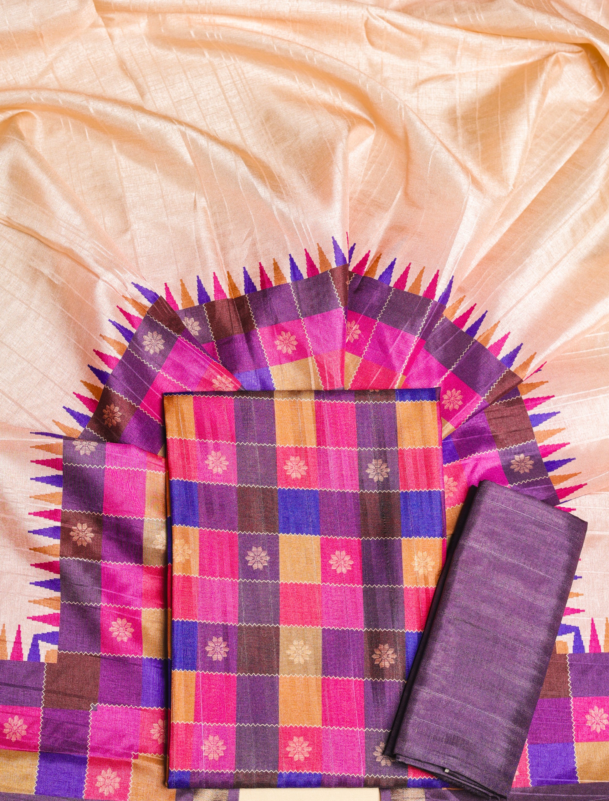 SEMI TUSSAR PRINTED MADRAS CHECKS SUIT SET