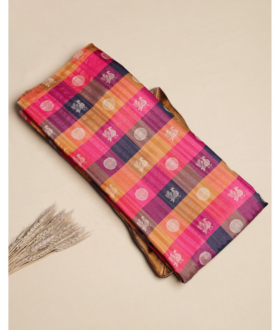 SEMI TUSSAR SILK SLUB MADRAS CHECKS KATTAM FABRIC