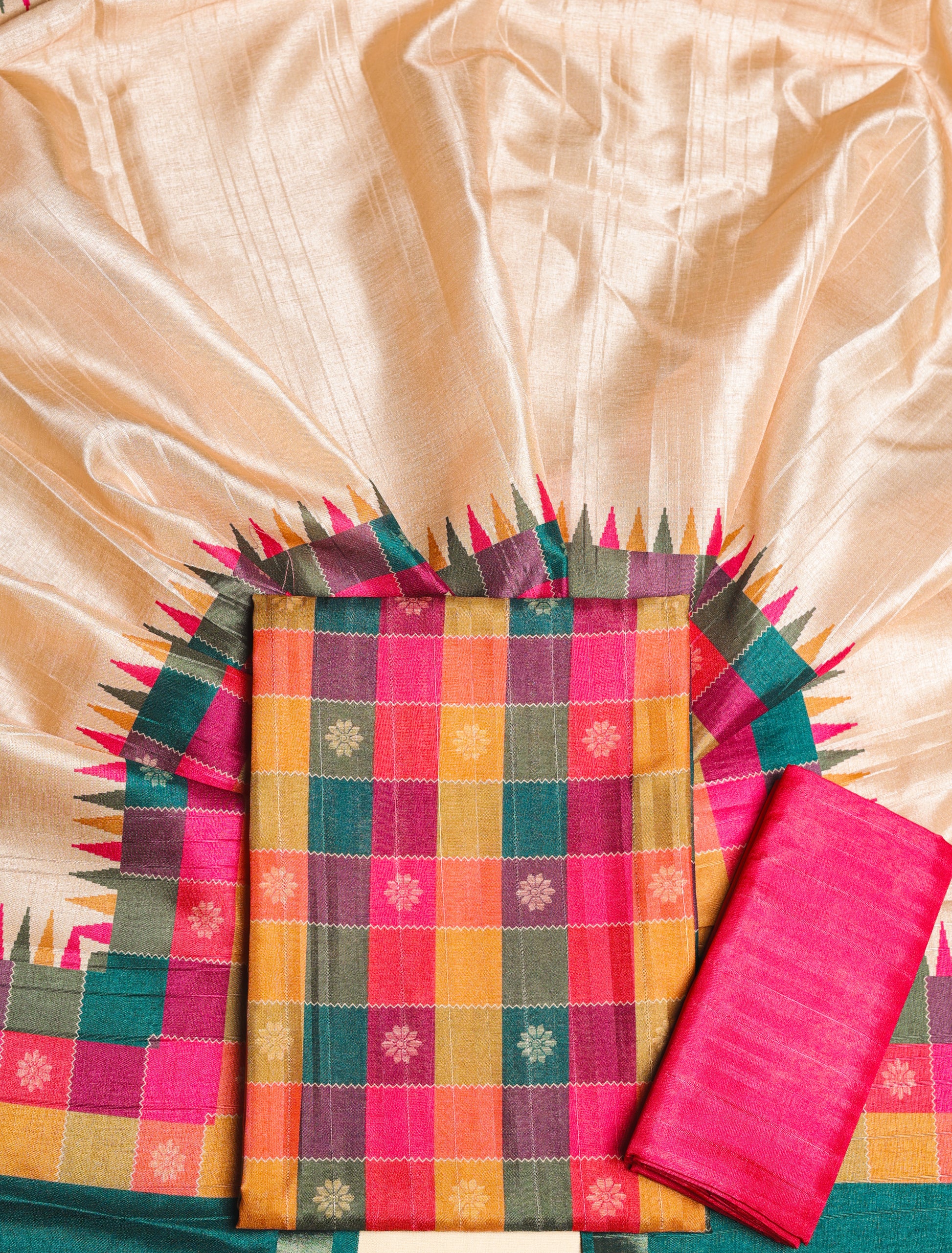 SEMI TUSSAR PRINTED MADRAS CHECKS SUIT SET