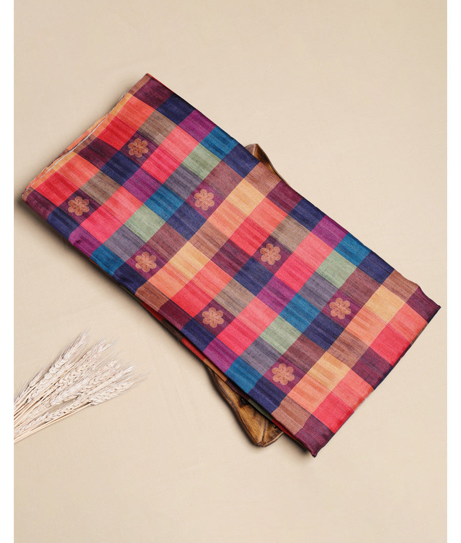 SEMI TUSSAR SILK SLUB MADRAS CHECKS KATTAM FABRIC