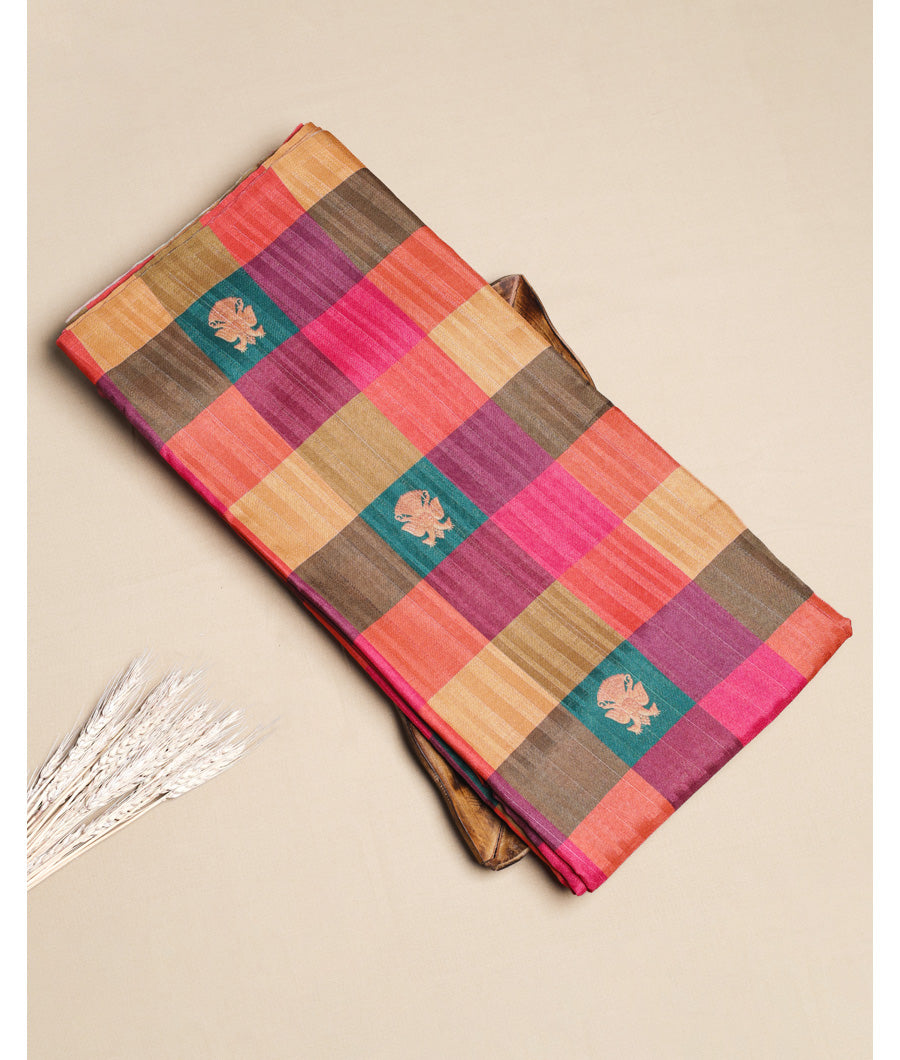 SEMI TUSSAR SILK SLUB MADRAS CHECKS KATTAM FABRIC