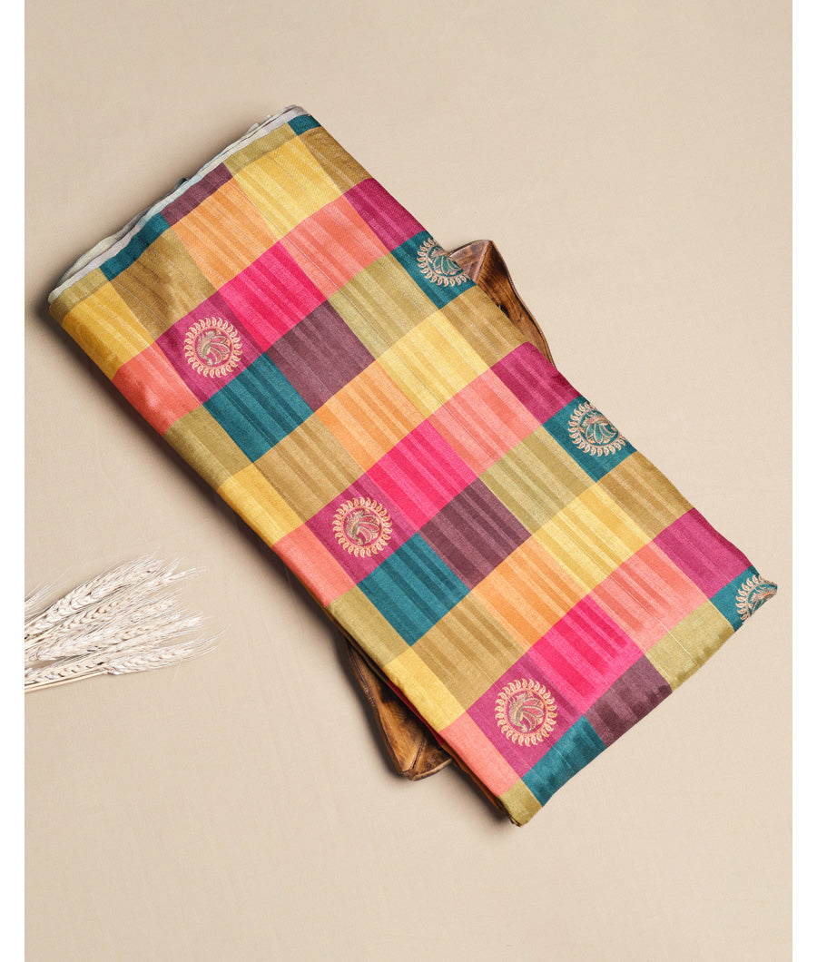 SEMI TUSSAR SILK SLUB MADRAS CHECKS KATTAM FABRIC