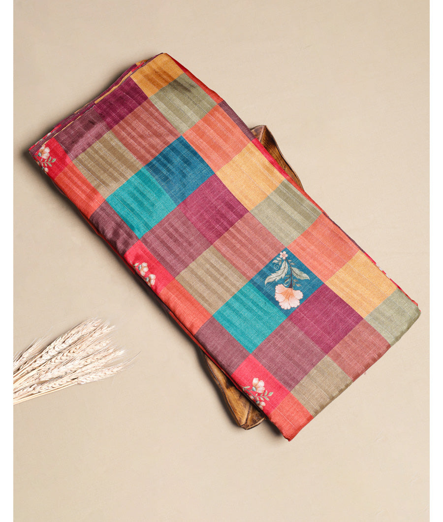 SEMI TUSSAR SILK SLUB MADRAS CHECKS KATTAM FABRIC