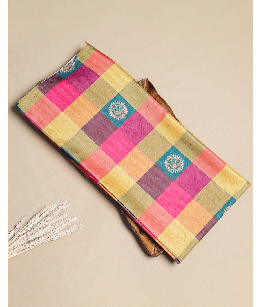 SEMI TUSSAR SILK SLUB MADRAS CHECKS KATTAM FABRIC