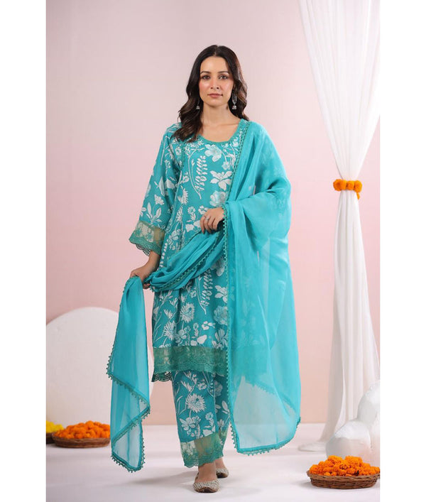 muslin kurti set with organza dupatta