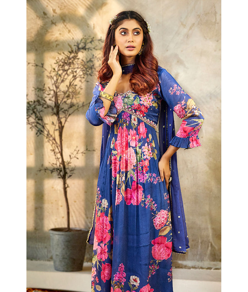 Blue and Pink Floral Chinon Alia cut