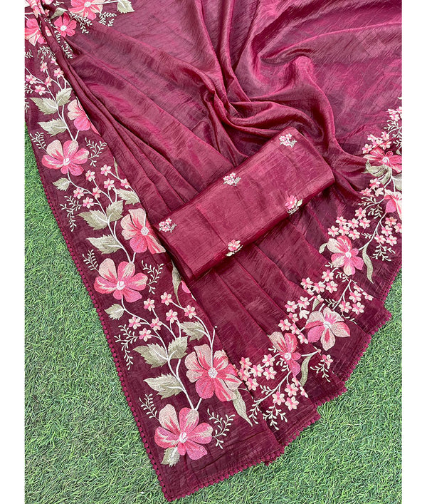 Crush organza saree with embroidered blouse