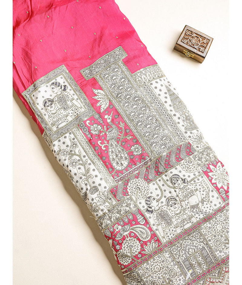 Dola silk madhubhani embroidered fabric