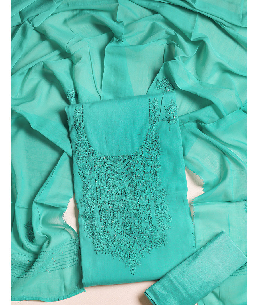 MUL CHANDERI EMBROIDERED SUIT SET