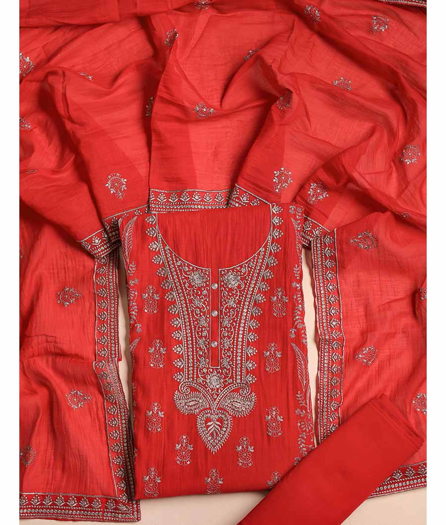 PURE MUL CHANDERI EMBROIDERED SUIT SET