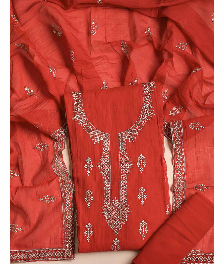 PURE MUL CHANDERI EMBROIDERED SUIT SET