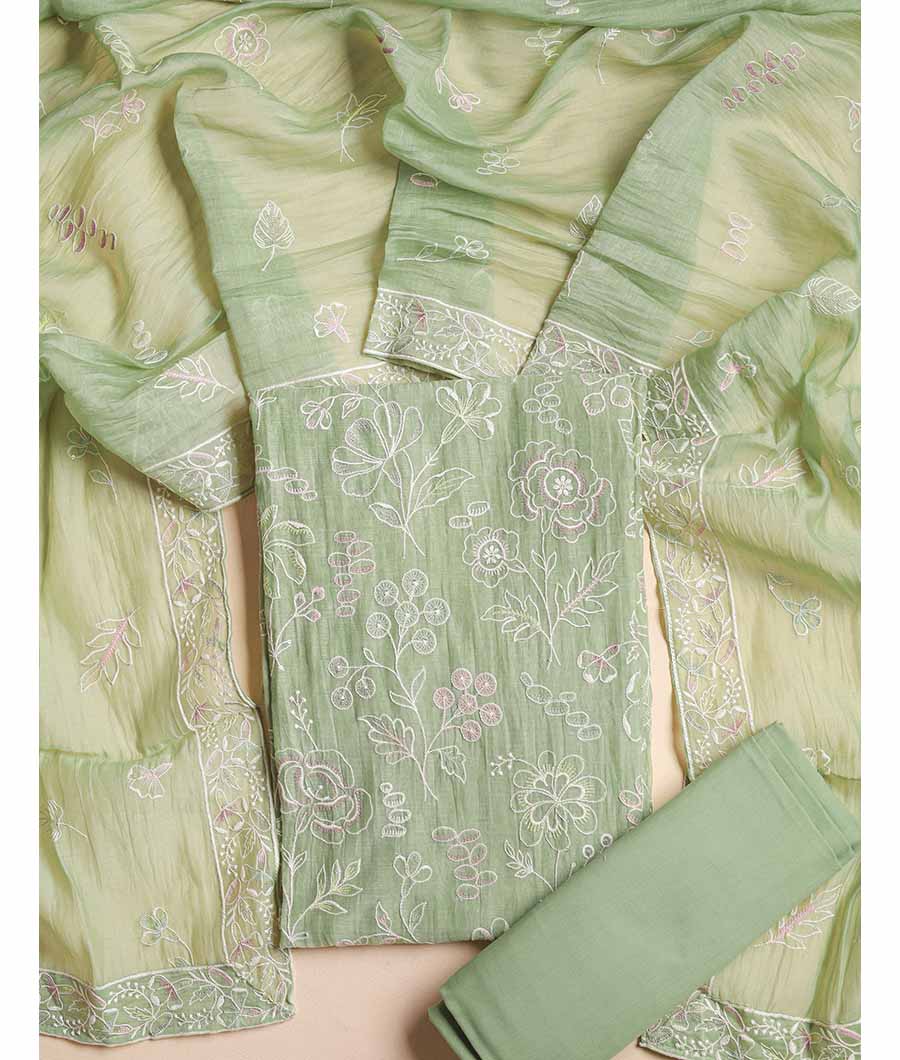 PURE MUL CHANDERI EMBROIDERED SUIT SET