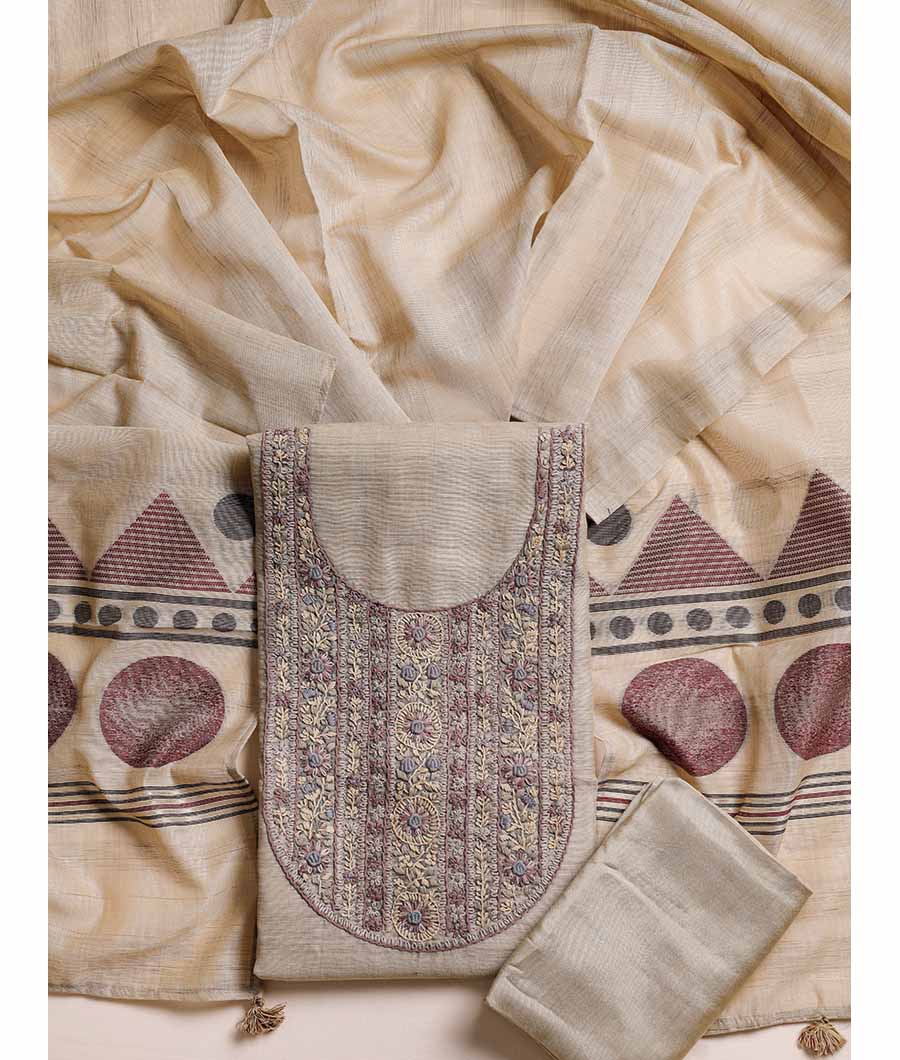 NECK EMBROIDERED CHANDERI SILK SUIT SET