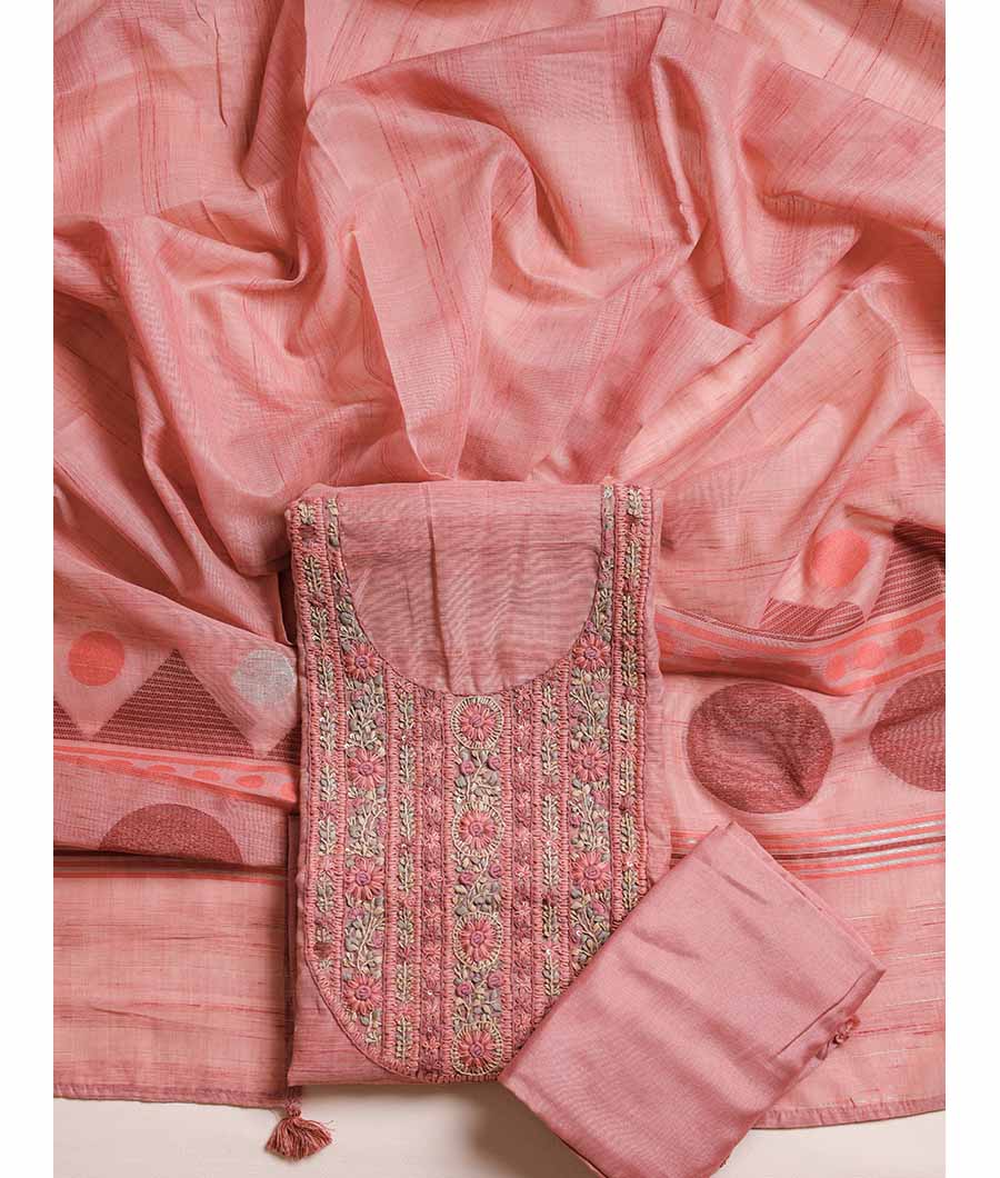 NECK EMBROIDERED CHANDERI SILK SUIT SET