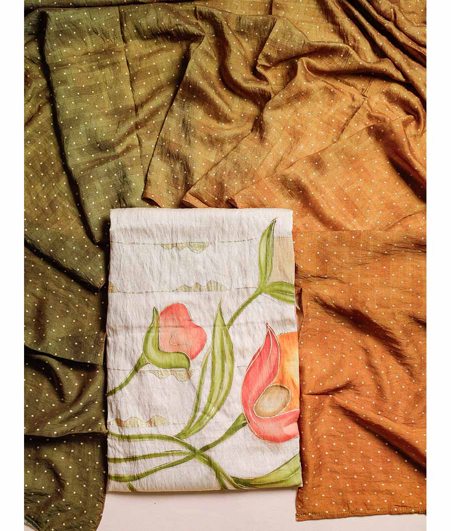 GULZAR'E'MOGRA - BRUSH PAINTED MOGRA CHANDERI SUIT SET