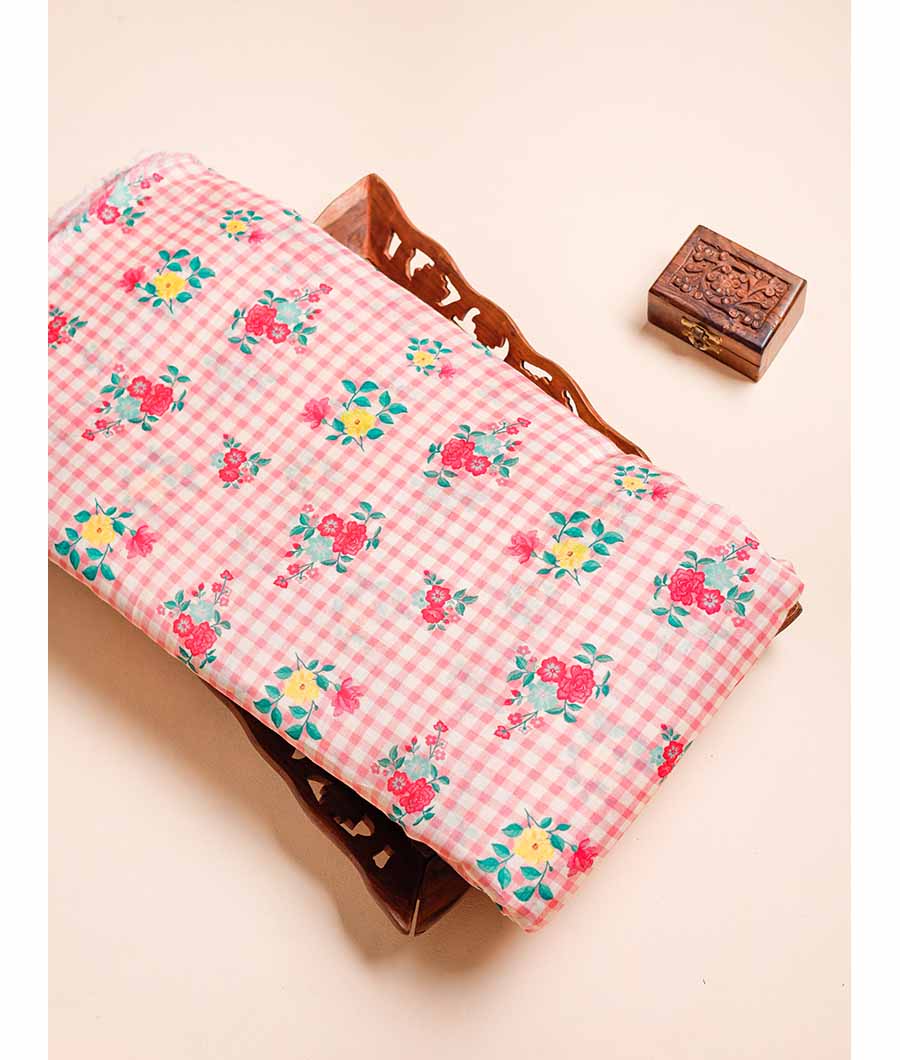 MUL CHANDERI PRINTED NOOR CHECKS FABRIC