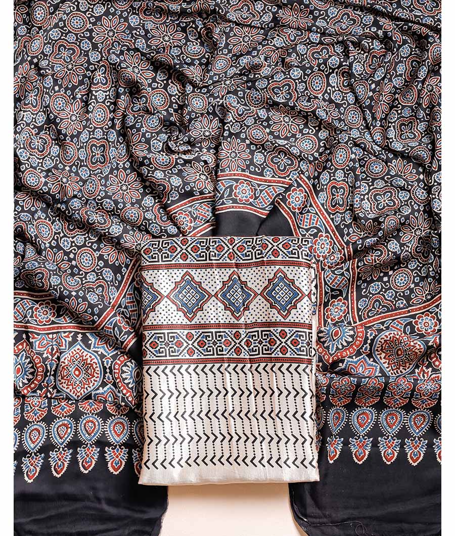AJRAKH MASHROO SILK WITH MODAL SILK DUPATTA SUIT SET