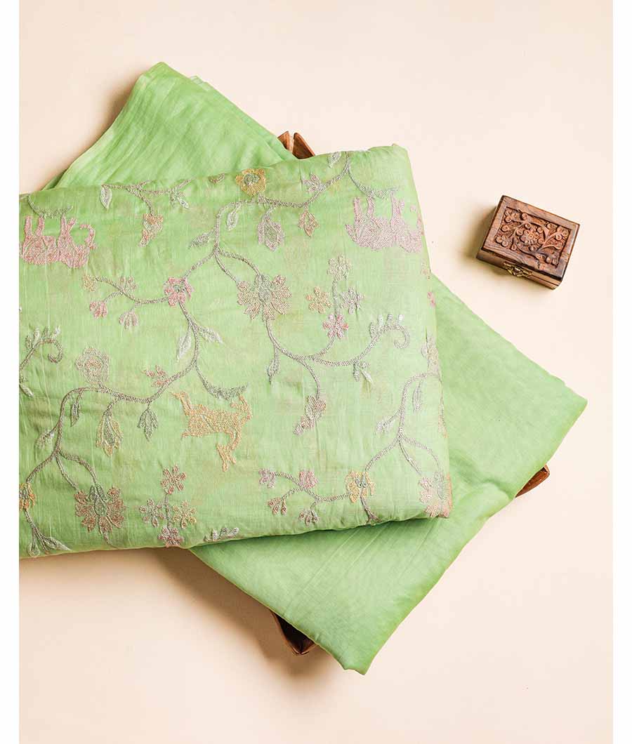 PURE BANARASI MUL CHANDERI EMBROIDERED WITH PLAIN FABRIC