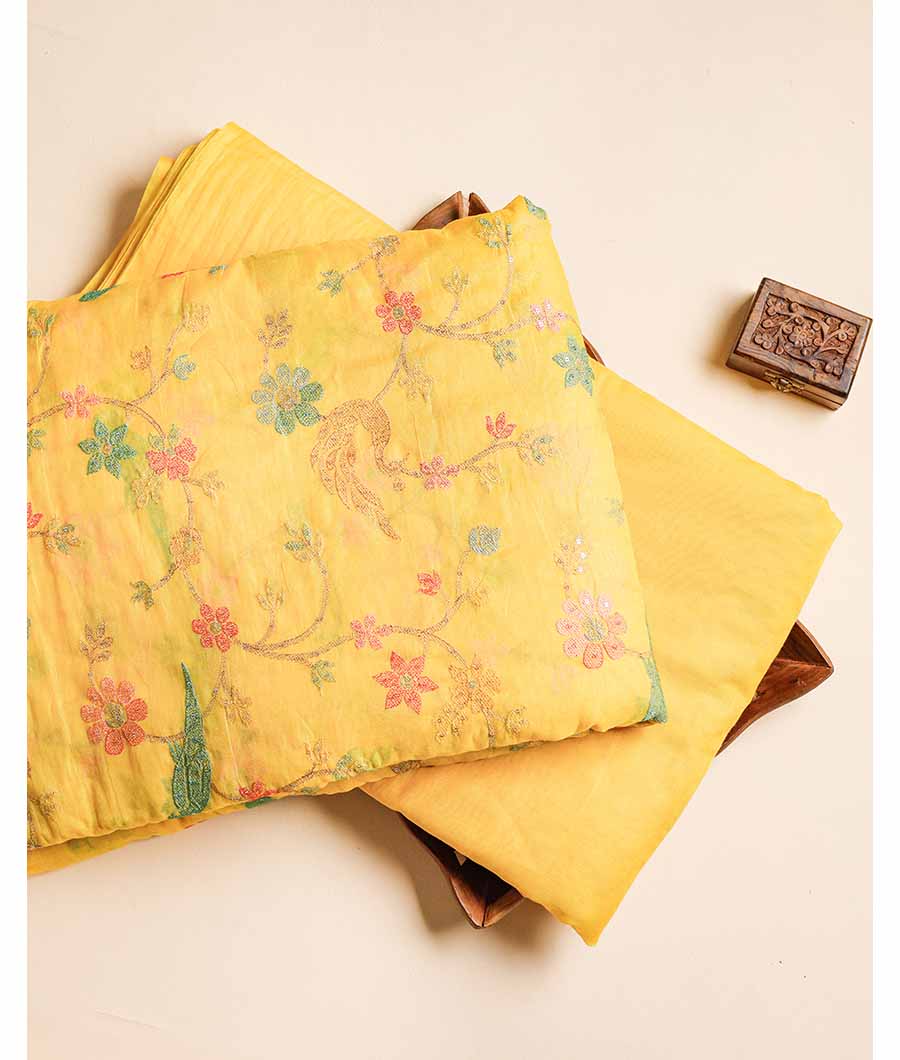 PURE BANARASI MUL CHANDERI EMBROIDERED WITH PLAIN FABRIC