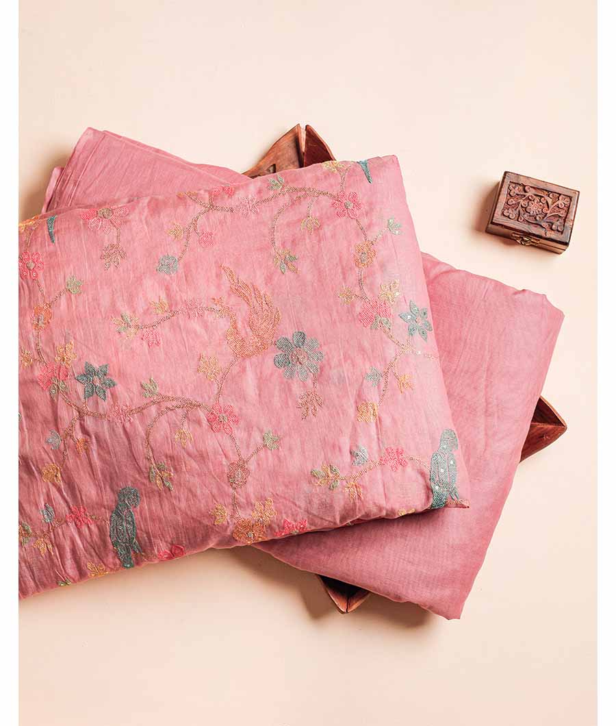 PURE BANARASI MUL CHANDERI EMBROIDERED WITH PLAIN FABRIC