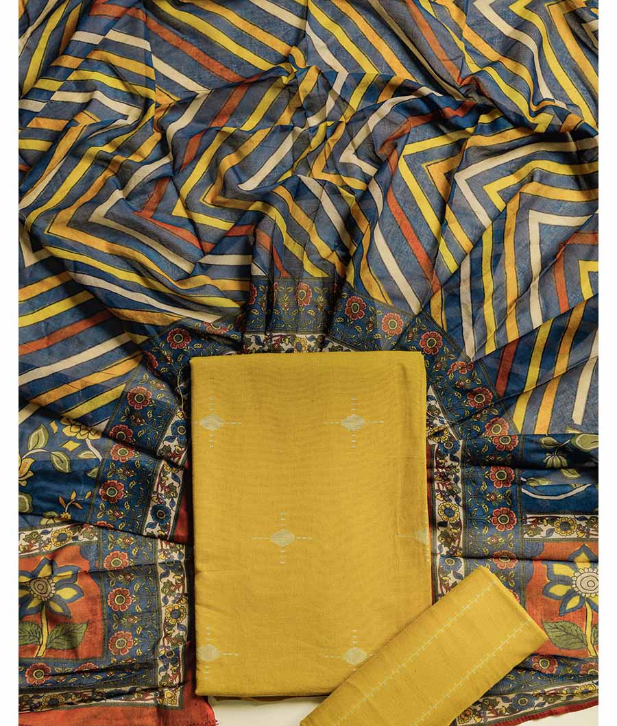 PURE COTTON WOVEN SUIT SET WITH MUL KALAMKARI DUPATTA