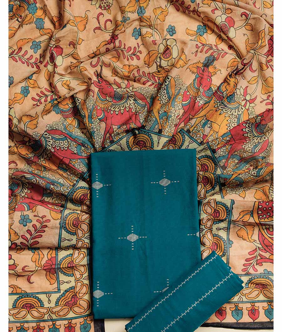 PURE COTTON WOVEN SUIT SET WITH MUL KALAMKARI DUPATTA
