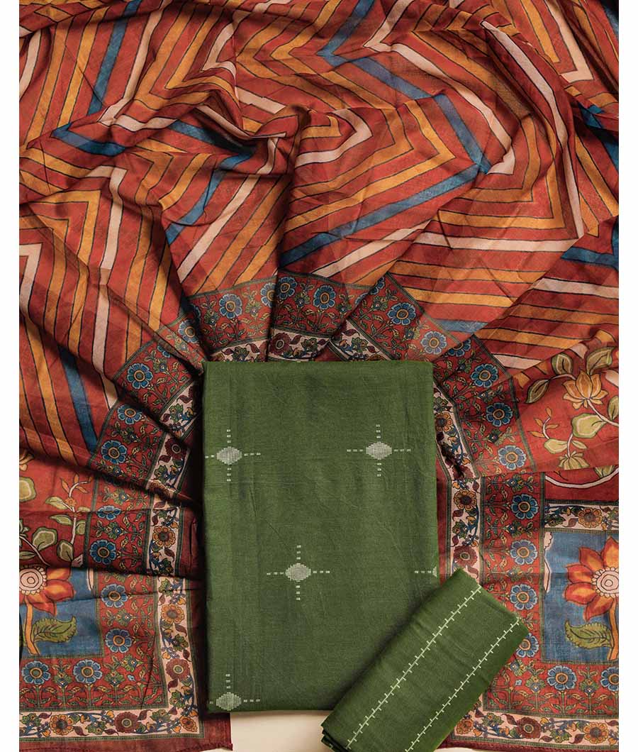 PURE COTTON WOVEN SUIT SET WITH MUL KALAMKARI DUPATTA