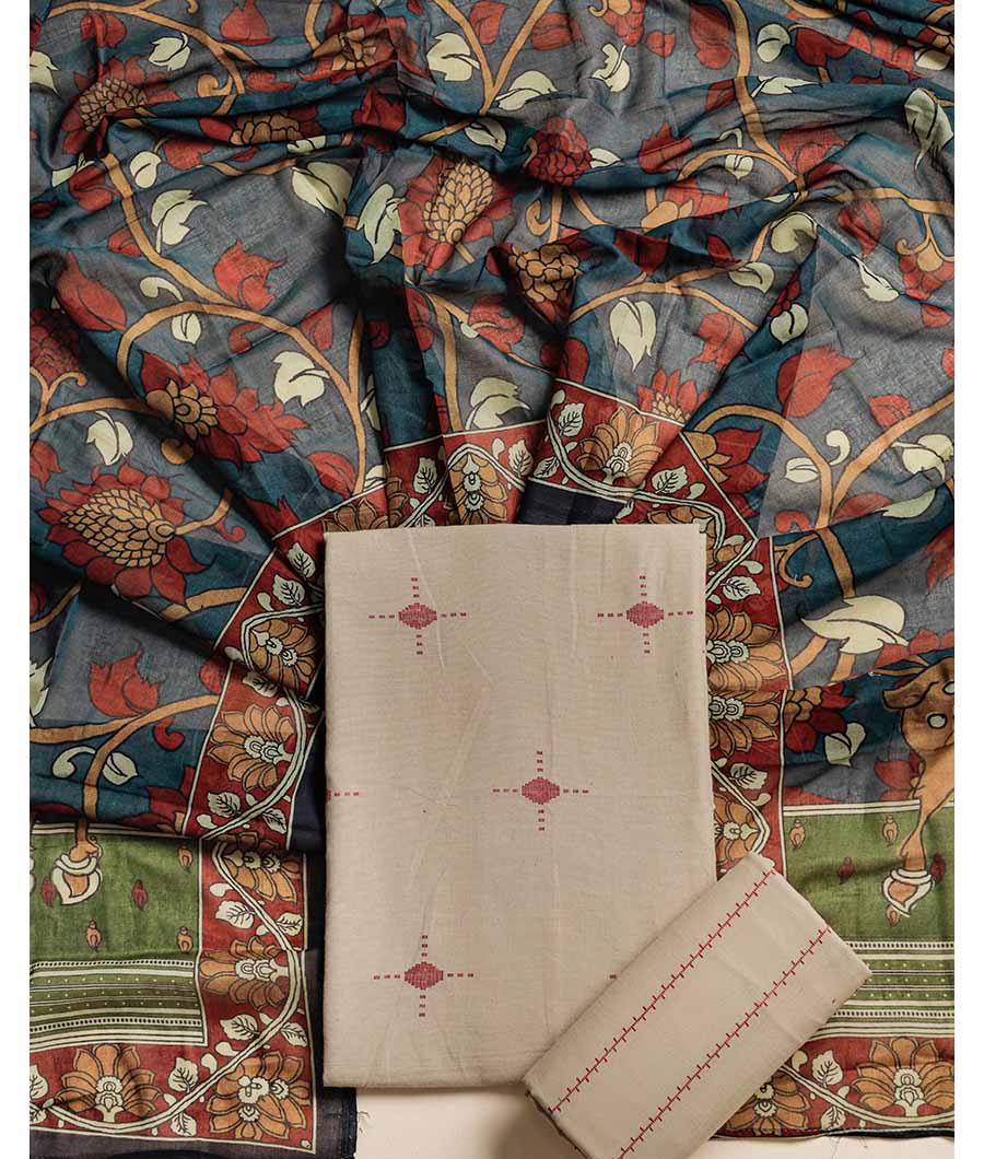 PURE COTTON WOVEN SUIT SET WITH MUL KALAMKARI DUPATTA