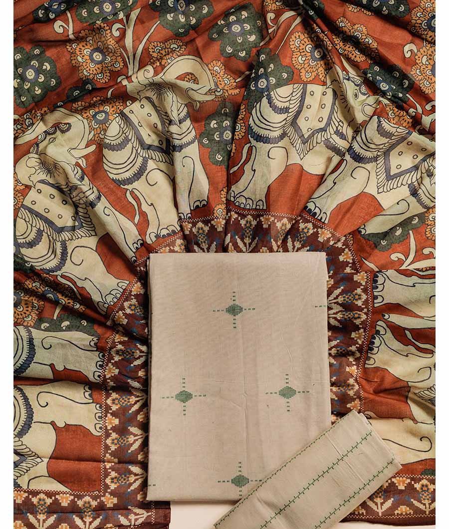PURE COTTON WOVEN SUIT SET WITH MUL KALAMKARI DUPATTA