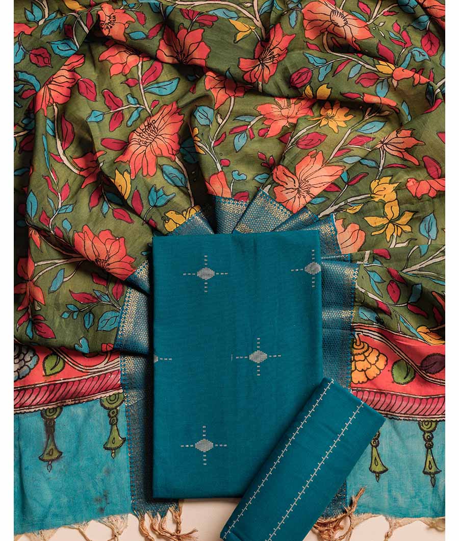 PURE COTTON WOVEN SUIT SET WITH SILK HAND PAINTED KALAMKARI DUPATTA