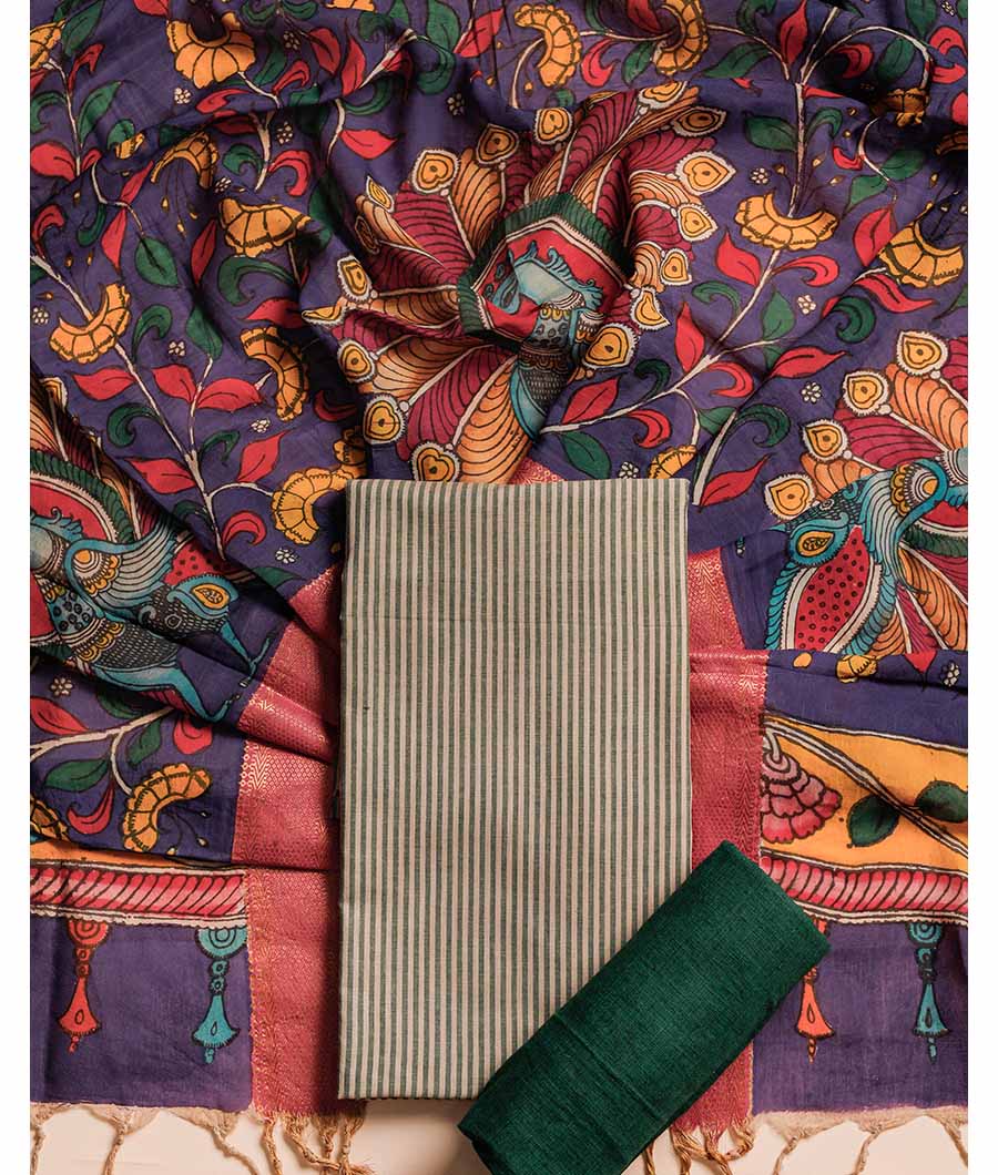 PURE COTTON WOVEN SUIT SET WITH SILK HAND PAINTED KALAMKARI DUPATTA