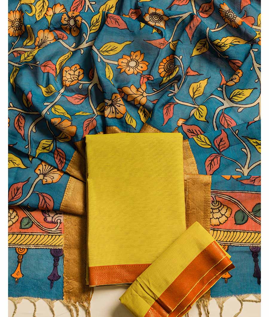 PURE COTTON WOVEN SUIT SET WITH SILK HAND PAINTED KALAMKARI DUPATTA