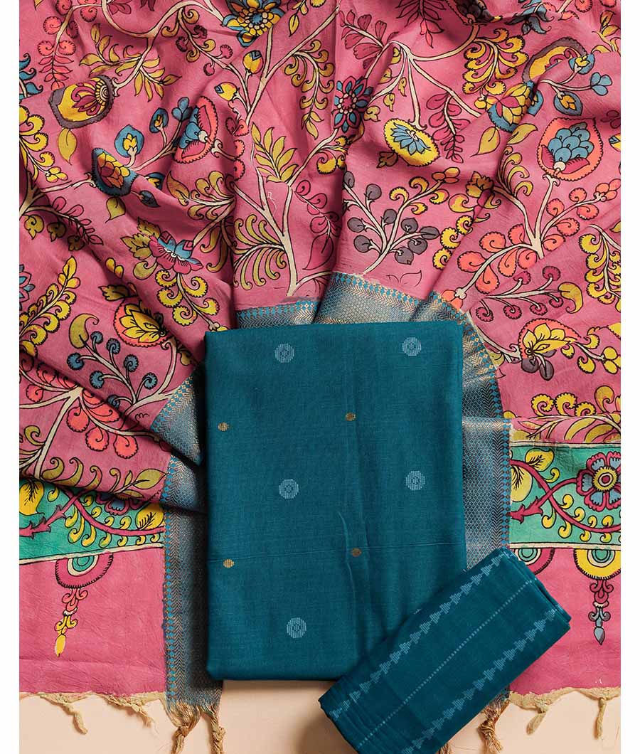 PURE COTTON WOVEN SUIT SET WITH SILK HAND PAINTED KALAMKARI DUPATTA