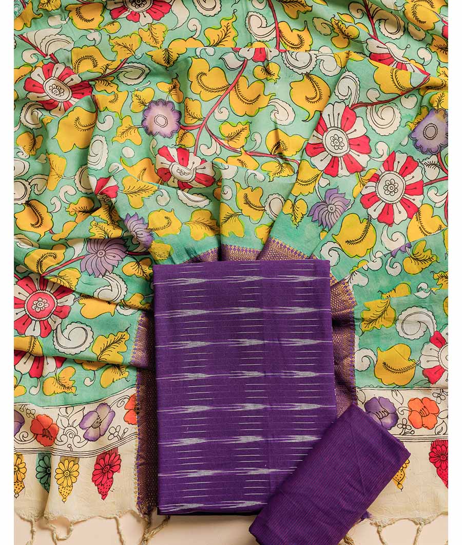 PURE COTTON WOVEN SUIT SET WITH SILK HAND PAINTED KALAMKARI DUPATTA