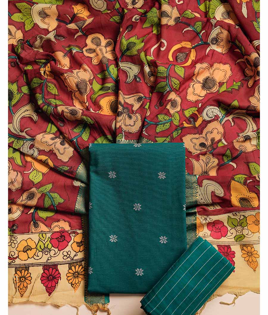 PURE COTTON WOVEN SUIT SET WITH SILK HAND PAINTED KALAMKARI DUPATTA