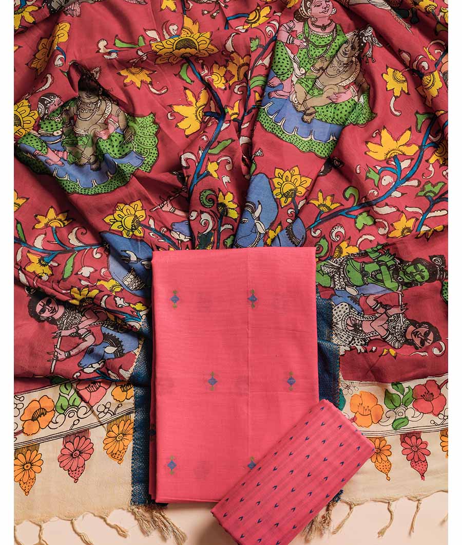 PURE COTTON WOVEN SUIT SET WITH SILK HAND PAINTED KALAMKARI DUPATTA