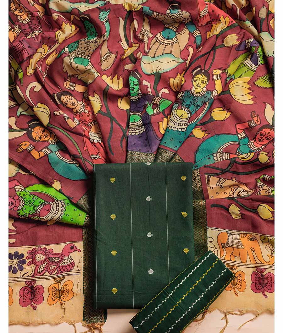 PURE COTTON WOVEN SUIT SET WITH SILK HAND PAINTED KALAMKARI DUPATTA