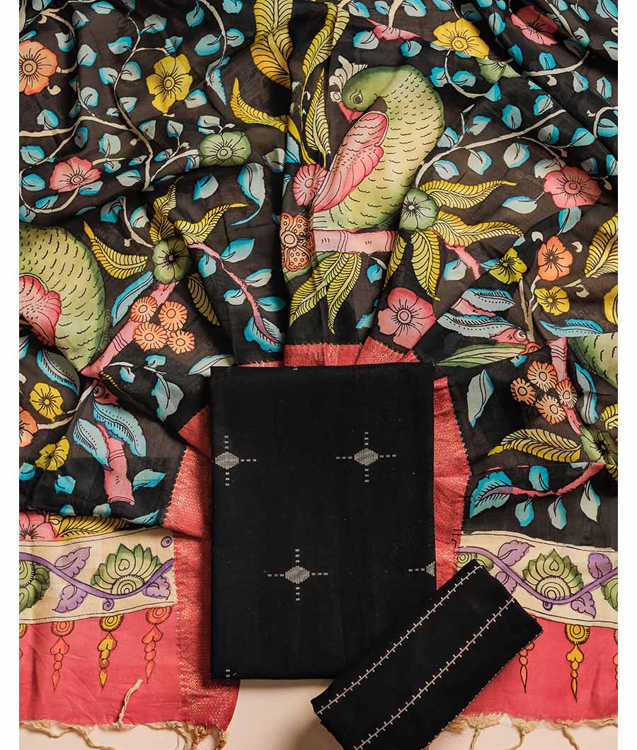 PURE COTTON WOVEN SUIT SET WITH SILK HAND PAINTED KALAMKARI DUPATTA