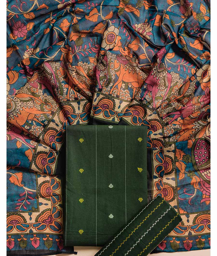 PURE COTTON WOVEN SUIT SET WITH MUL KALAMKARI DUPATTA