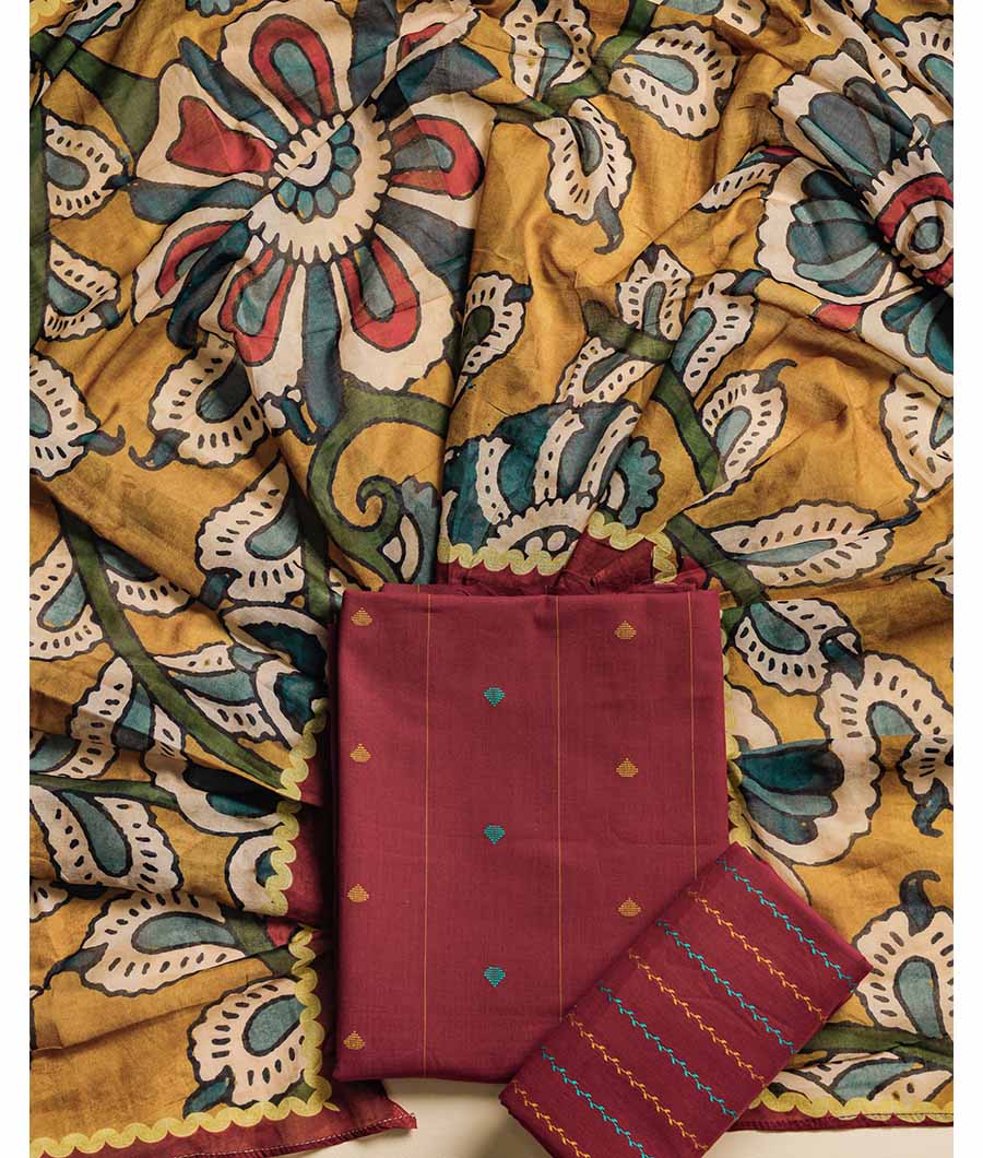 PURE COTTON WOVEN SUIT SET WITH MUL KALAMKARI DUPATTA