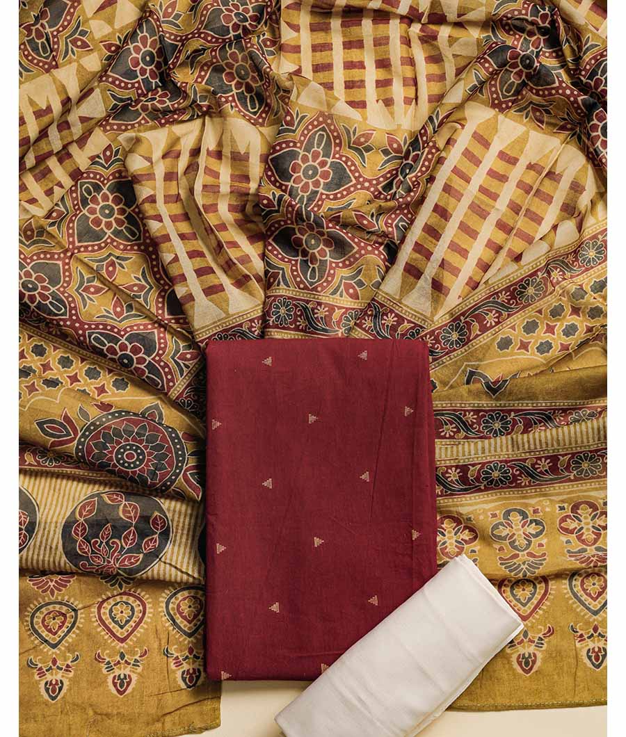 PURE COTTON WOVEN SUIT SET WITH MUL KALAMKARI DUPATTA