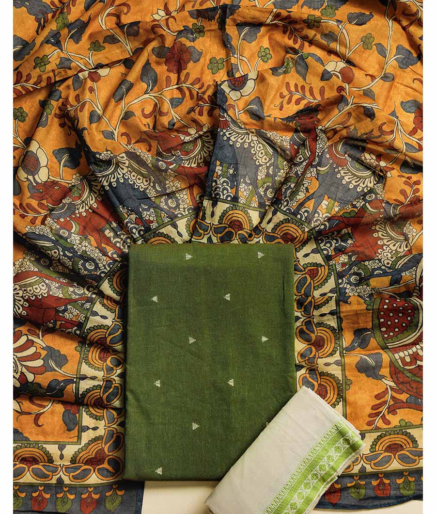 PURE COTTON WOVEN SUIT SET WITH MUL KALAMKARI DUPATTA